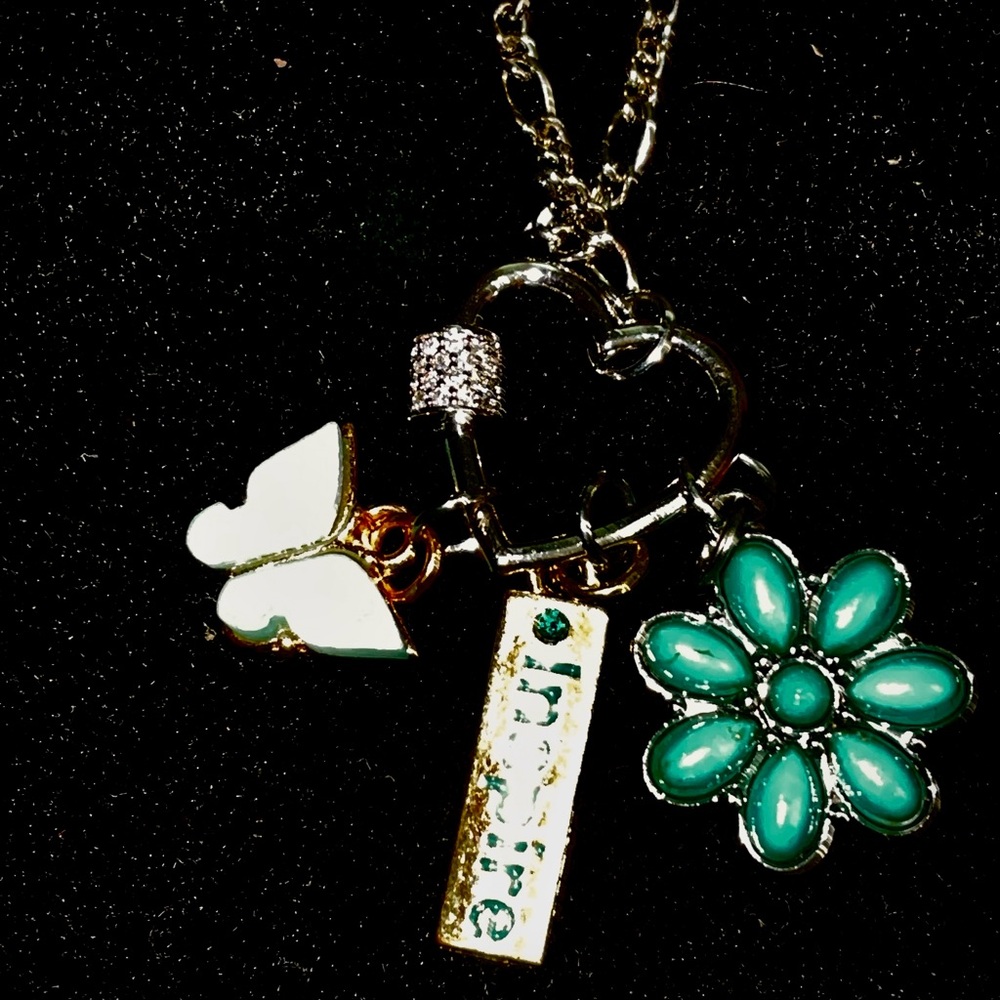 Turquoise Flower & Heart Charm Necklace on crystal pave carabiner